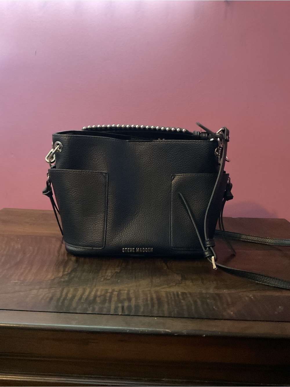 Steve Madden Black Pebbled Leather Crossbody with Front Pockets